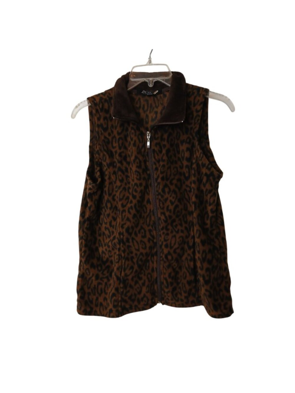 Lena Petite S Womens Leopard Print Sleeveless Fleece Vest Zip Brown Black #I-8 - Picture 2 of 8
